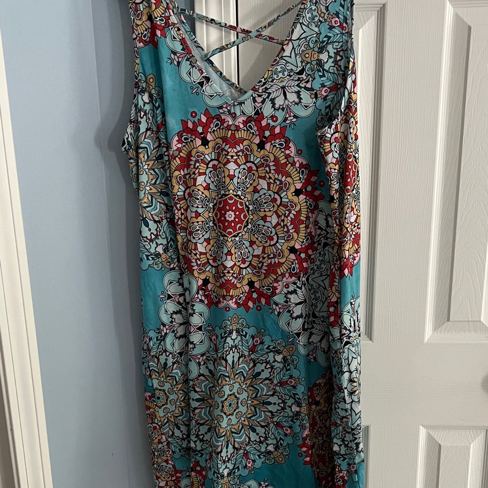 Floral Sleeveless Dress - Teal and Red